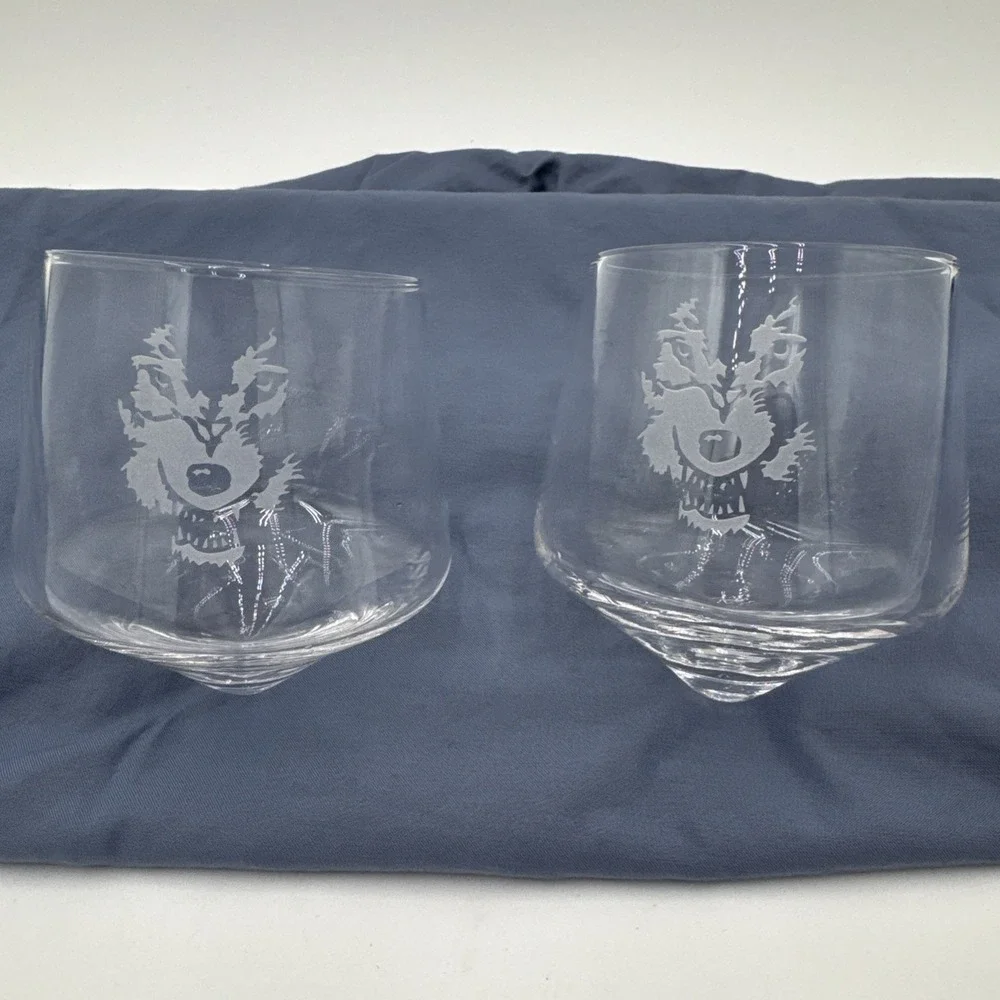 Hand Blown‎ Rolling Whiskey Glass Set Of Two 2 Glasses Barbuzzo Wolf Etched
